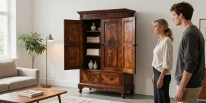 armoire ancienne dans salon moderne